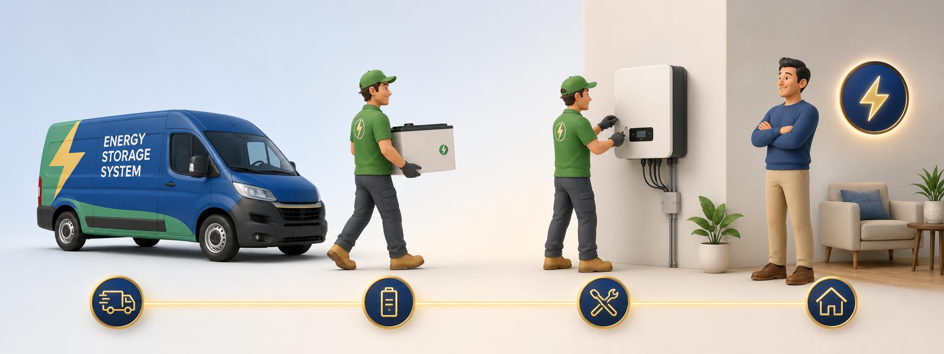 Energy Storage System branded van, technicians delivering and installing an inverter battery, and a happy customer